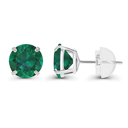 Solid 14K Yellow, White or Rose Gold 4mm Round Genuine Gemstone Birthstone Prong Set Stud Earrings For Women - color: Emerald Created