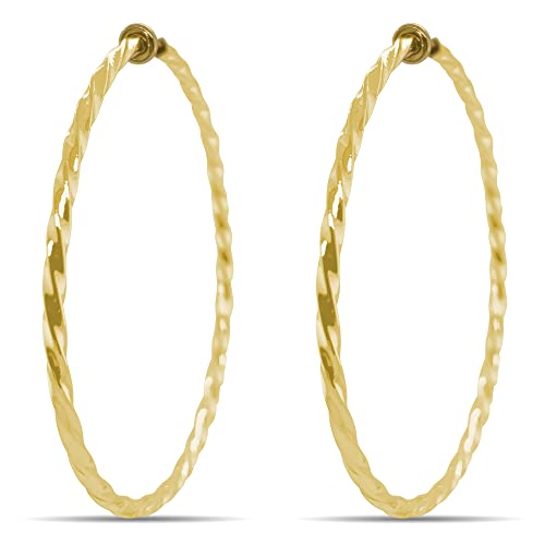 Clip On Spring Hoop Earrings for Non-Pierced Ears - color: Gold-Tone Twisted, size: 60mm