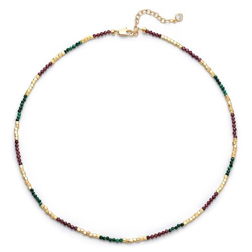 MTMY Beaded Gemstone Choker Necklace for Women | 14K Gold Plated, Colorful Natural Stone, Bead Chain, Boho Summer Beach, Handmade Jewelry - color: Malachite & Garnet