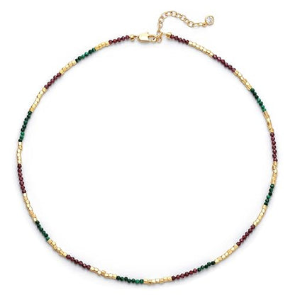 MTMY Beaded Gemstone Choker Necklace for Women | 14K Gold Plated, Colorful Natural Stone, Bead Chain, Boho Summer Beach, Handmade Jewelry - color: Malachite & Garnet