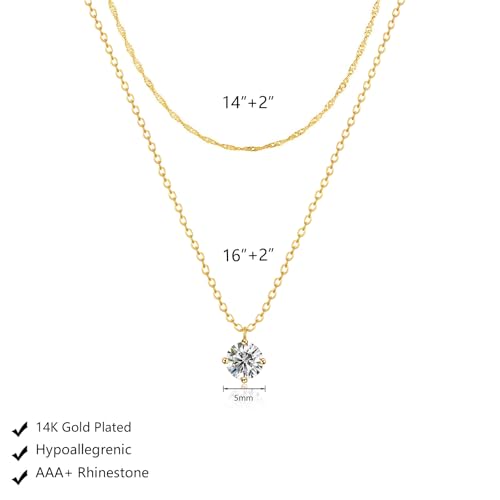 Luxval Diamond Pendant Gold Necklace for Women，Dainty 18k Gold Plated Choker Necklaces Simple Gold Jewelry Gifts for Women - color: Gold-Round CZ Layered