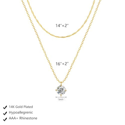 Luxval Diamond Pendant Gold Necklace for Women，Dainty 18k Gold Plated Choker Necklaces Simple Gold Jewelry Gifts for Women - color: Gold-Round CZ Layered