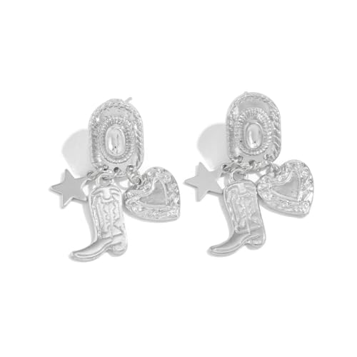 Western Cowgirl Earrings for Women Vintage Cowboy Hat Boot Dangle Earrings Exaggerated Personality Cowboy Earring Country Vacation Party Jewelry for Women - color: Slivery B