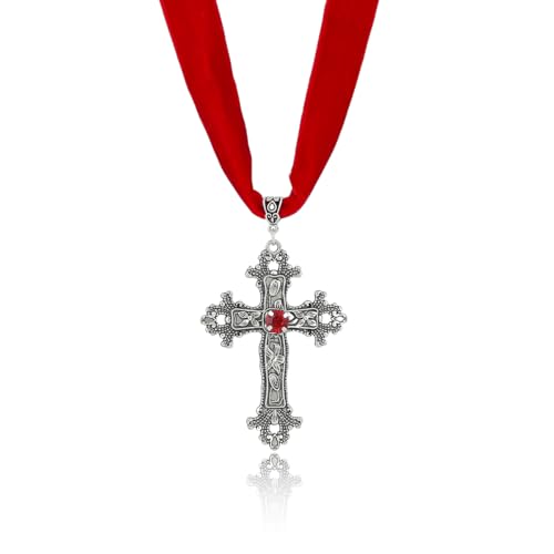 PINK TOWN Gothic Black Lace Choker Necklace for Women Vintage Black Red Crystal Cross Pendant Necklace Goth Cross Necklace Halloween Birthday Party Jewelry - color: Red