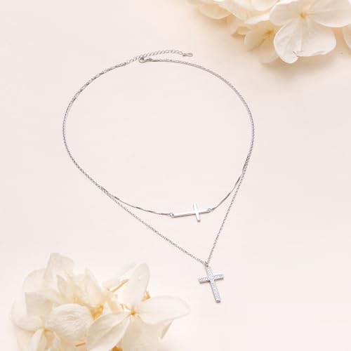 Yearace Choker Necklaces for Women S925 Sterling Silver Sideways Cross/Butterfly/Handcuffs/Infinity Interlocking/Chakra Choker Necklace Dainty Sideways Cross Necklace Jewelry Gift - style: Layered Cubic Zirconia Cross 18+16+2''