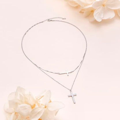 Yearace Choker Necklaces for Women S925 Sterling Silver Sideways Cross/Butterfly/Handcuffs/Infinity Interlocking/Chakra Choker Necklace Dainty Sideways Cross Necklace Jewelry Gift - style: Layered Cubic Zirconia Cross 18+16+2''