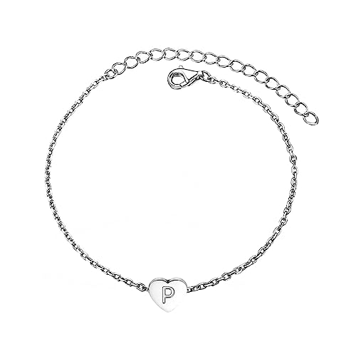 KunBead Initial Engraved Letter Bracelets Dainty Mini Size Heart Love Charm Stainless Steel Bracelets for Women Birthday Jewelry - style: P