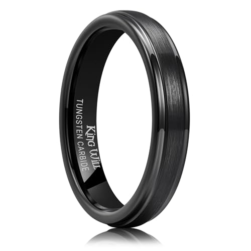 King Will Classic Tungsten Wedding Band for Men, 6/7/8/9/10mm Widths, Polished Finish Step Edge Matte Rings Comfort Fit - color: B-Black 4mm