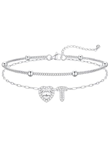 FaithHeart Waterproof Initial Ankle Bracelets for Women, Initial Anklets with Heart CZ Stainless Steel Layered Letter A-Z Anklet No Tarnish Ankle Jewelry - color: Silver, size: Initial T