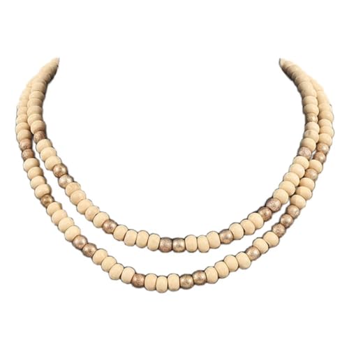 Boho Colorful Wood Beaded Choker Necklace Vintage Layered Wooden Beads Chain Necklace Collar for Women Statement Jewelry Gift - color: Beige