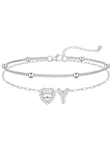 FaithHeart Waterproof Initial Ankle Bracelets for Women, Initial Anklets with Heart CZ Stainless Steel Layered Letter A-Z Anklet No Tarnish Ankle Jewelry - color: Silver, size: Initial Y