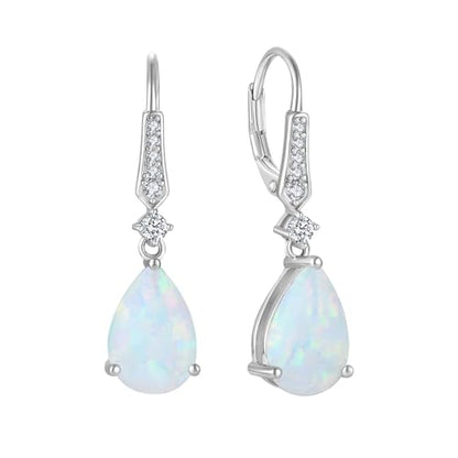 Created Opal Earrings 925 Sterling Silver Leverback Drop Dangle Earrings 5A Cubic Zirconia Jewelry for Women - color: A white opal