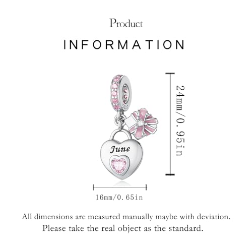 925 Sterling Silver Birthstone Bracelet Charm - Unique Heart Shaped Design, Fits most Europe Pandora Bracelets and Necklaces, women's DIY holiday Gifts - style: F-June
