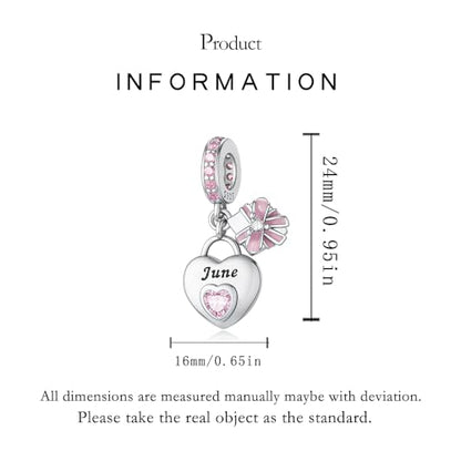 925 Sterling Silver Birthstone Bracelet Charm - Unique Heart Shaped Design, Fits most Europe Pandora Bracelets and Necklaces, women's DIY holiday Gifts - style: F-June