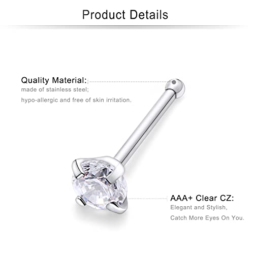 Cisyozi 18G 20G 22G Nose Rings Studs Surgical Steel Nose Stud Set 1.5mm 2mm 2.5mm 3mm Diamond Cubic Zirconia Opal Screw L Shaped Straight Nose Piercing Jewelry for Women Men - color: B:18G-Straight -2.5mm