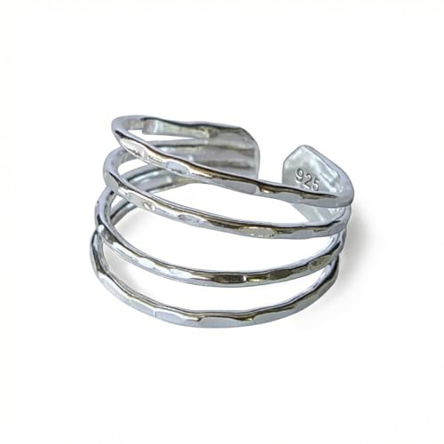 Sterling Silver Toe Ring, Adjustable Open Band, Handmade | Fits Toe, Knuckle or Pinky Ring | One Size Fits Most | Comfortable to Wear | Minimalist Style | Water Resistant - style: Hammered Multi-Band