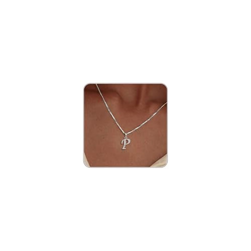 Initial Necklace for Women, 14K Gold Silver Plated Box Chain Letter Pendant, Trendy Name Necklace, Dainty Personalized Charm Jewelry Gift for Her - color: Silver, style: P