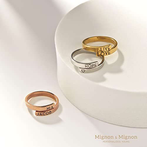 MignonandMignon Personalized Stacking Rings, Custom Initial Ring | Engrave the open wrap band with initials, names or dates; tarnish-resistant gold plated steel is skin-safe for stacking.