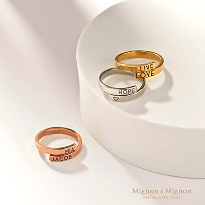 MignonandMignon Personalized Stacking Rings, Custom Initial Ring | Engrave the open wrap band with initials, names or dates; tarnish-resistant gold plated steel is skin-safe for stacking.