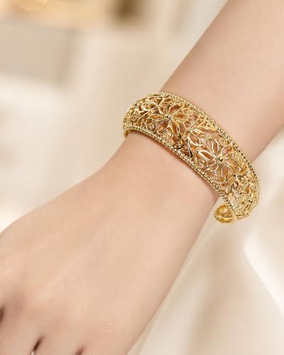 Intricate Floral Pattern Cuff Bracelet for Women - Sterling Silver Bangle, Bohemian Chunky Wide Bracelet Silver & Gold - color: Gold-A