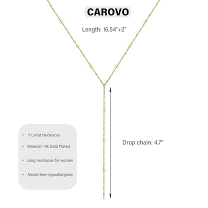 CAROVO Gold Necklace for Women Dainty Long Necklace 14K Gold/Silver Lariat Y-Shaped Pendant Necklaces Trendy Layered Lip Cubic Zirconia Beaded Chain Drop Necklaces Jewelry for Women Gifts - color: Gold, style: A: Gold Y Necklace Bead-258