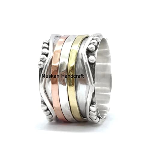 925 Sterling Silver 3 Tone Spinner Band Ring, Hammered Spin Yoga Ring, Spinning Dainty Ring, Unique Handmade Wedding Gifts Ring For Women