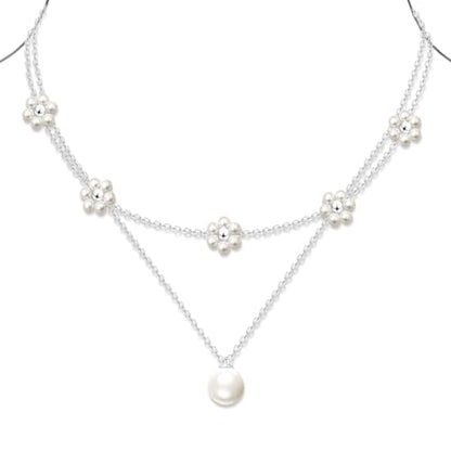 OGD Gold Pearl Necklace Set for Women 14K Plated Layered Daisy Choker Gift - color: 2PCS-Daisy Pearl-Silver