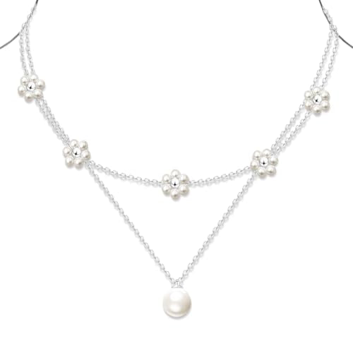 OGD Gold Pearl Necklace Set for Women 14K Plated Layered Daisy Choker Gift - color: 2PCS-Daisy Pearl-Silver
