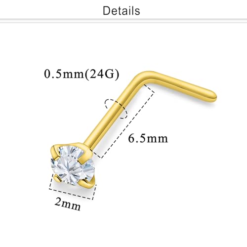 Nose Studs Surgical Steel Nose Rings Studs with Cubic Zirconia 10Pcs Tiny Nostril Rings for Women Screw Bone and L-Shaped Nostril Piercing Jewelry 24G 22G 20G 18G - color: goldtone,L shaped nose studs, size: 24g,2.0mm Clear CZ