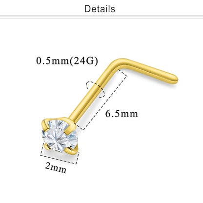 Nose Studs Surgical Steel Nose Rings Studs with Cubic Zirconia 10Pcs Tiny Nostril Rings for Women Screw Bone and L-Shaped Nostril Piercing Jewelry 24G 22G 20G 18G - color: goldtone,L shaped nose studs, size: 24g,2.0mm Clear CZ