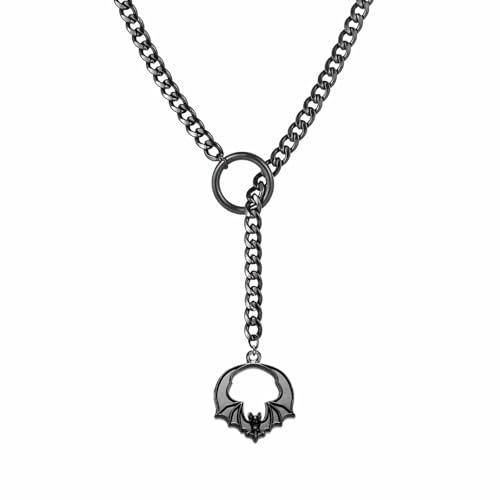 Slip Chain Choker for Women Handmade Black Stainless Steel Cuban Chain Chunky Moon Bat Raven Skull Pendant Gothic Punk Rock Collar Adjustable Lariat Y Necklace for Men - style: Bats
