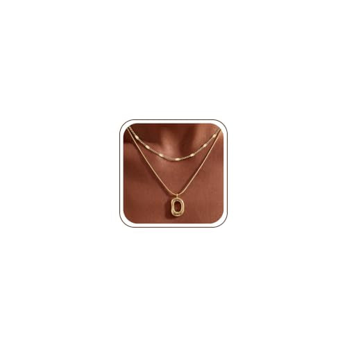 14K Gold/Silver Plated Dainty Snake Chain Layered Necklace for Women | Irregular Oval Pendant Minimalist Dainty Statement Gold Layering Everyday Jewelry - color: Gold - Brushed