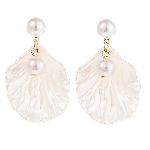 Seashell Pearl Stud Earrings for Women Ocean Sea Theme Sweet Double Layer Acrylic Shell Lightweight Dangle Drop Earrings for Summer Beach Holiday Halloween Party Jewelry Accessories - color: Two pearl white earrings