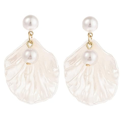 Seashell Pearl Stud Earrings for Women Ocean Sea Theme Sweet Double Layer Acrylic Shell Lightweight Dangle Drop Earrings for Summer Beach Holiday Halloween Party Jewelry Accessories - color: Two pearl white earrings