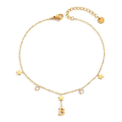 Initial Anklet for Women, 18K Gold Plated Waterproof Ankle Bracelet, Star CZ Letter A-Z Personalized Beach Foot Jewelry - color: B