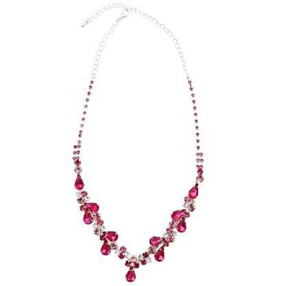 Rosemarie Collections Women's Stunning Rhinestone Crystal Teardrop Statement Necklace Hypoallergenic Drop Earrings Set, 15"+6" Extender - color: Rose Pink Silver Tone