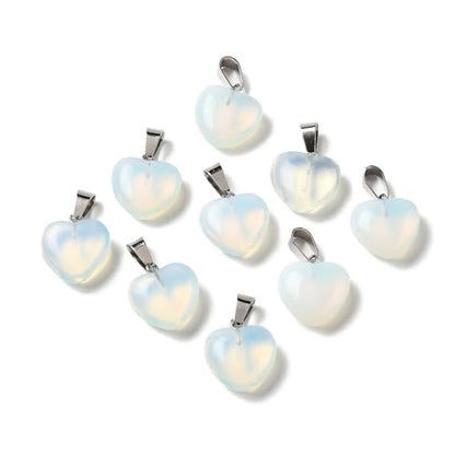 10Pcs Heart Stone Charm Pendants Natural Opalite Gemstone Pendants with Platinum Brass Loops for DIY Necklace Keychains Earring Crafts Supplies - color: Opalite