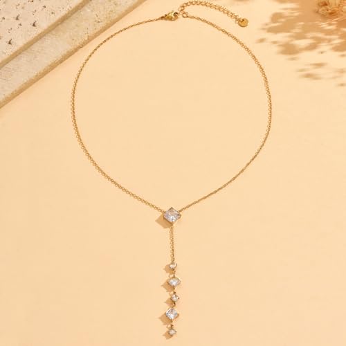 Lariat Necklaces for Women 18K Gold Plated Cubic Zirconia Heart Necklaces Dainty Star Lightning Sun and Moon Necklace Trendy Y Shaped Drop Diamond Necklace - color: CZ Y Necklace-Gold