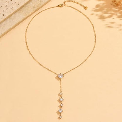 Lariat Necklaces for Women 18K Gold Plated Cubic Zirconia Heart Necklaces Dainty Star Lightning Sun and Moon Necklace Trendy Y Shaped Drop Diamond Necklace - color: CZ Y Necklace-Gold