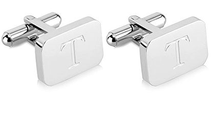 18K White-Gold Plated Initial Engraved Stainless Steel Men’s Cufflinks With Gift Box -Personalized Alphabet Letter’s A-Z By Lux & Pair - style: T- White Gold