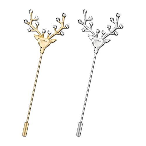 Dreuyet Simple Gold Silver Plated Long Brooch Pins with Cute Animal Antlers Leaves Plant Bees Rabbits Rose Flower Feather Brooch Jewelry for Women Men Elegant Suit Collar Lapel Pin - style: Rhinestone Deer Head