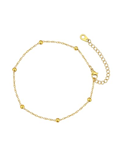FaithHeart Waterproof Ankle Bracelets for Women, 1/2/3Pcs Non Tarnish Stainless Steel Layered Anklet Set Paperclip Figaro Cuban Link Chain Dainty Summer Beach Jewelry Gift Adjustable Size - style: a.Bead - Gold