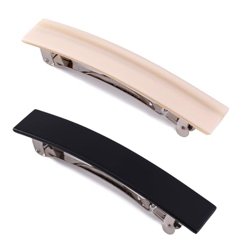 2 Pack French Design Hair Barrettes Acetate Celluloid Rectangle Hair Clips for Women - color: Black+Cream