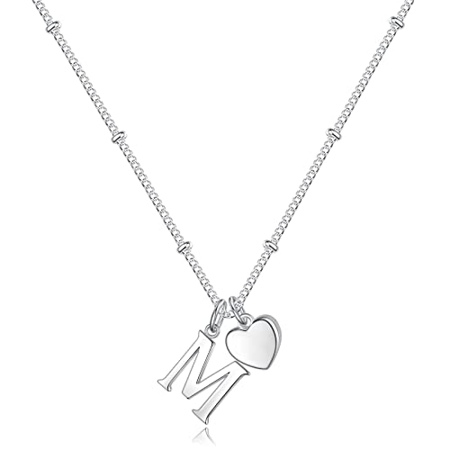 Heart Initial Necklaces for Girls, Letter A-Z Silver Necklace | Silver Plated, Heart Initial Necklaces for Girls, Necklace for Women, Teen Girl Gifts, Dainty Heart Necklaces, Birthday Gifts - color: M