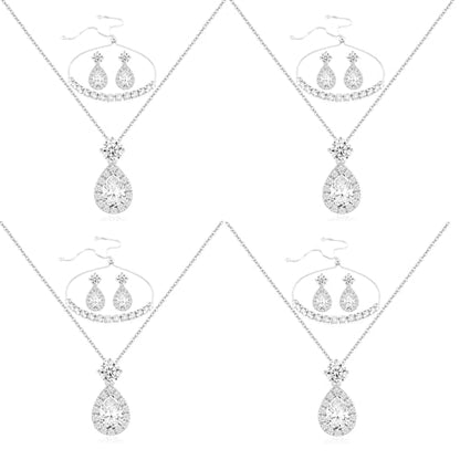 Plated Gold Silver Elegant Teardrop Zircon Earrings Necklace Bracelet Set for Bridesmaids, Sparkling Cubic Zirconia Jewelry, Wedding Gift, 4/5/6-Piece - color: 4 Set Silver