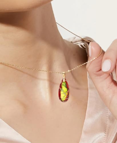 Stone Necklaces for Women Teardrop Gemstone Pendant Necklace Natural Stone Chain Necklaces - color: Red Green