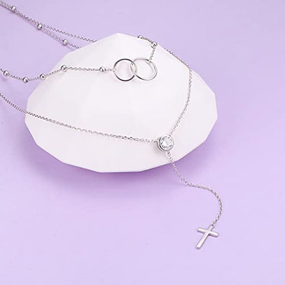 FLYOW Layered Necklace S925 Sterling Silver Y Shaped Jewelry - style: Two Circles Cross Style
