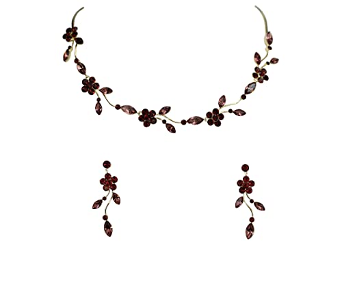 Faship Gorgeous Rhinestone Crystal Floral Necklace Earrings Set - color: Burgundy / gold plated