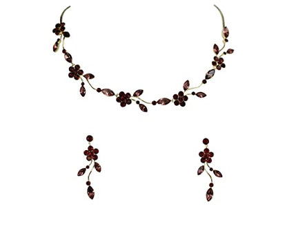Faship Gorgeous Rhinestone Crystal Floral Necklace Earrings Set - color: Burgundy / gold plated