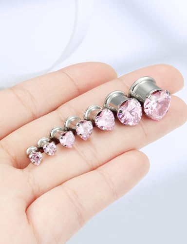 Astm F136 Titanium Heart CZ Ear Gauges Screw Fit Flesh Tunnels Plugs Gauges Earring Expander Stretcher Ear Tunnels For Ears 10G 8G 6G 4G 2G 0G 00G Plug Earrings Piercing Jewelry For Women Men - color: 6G Gauges,Pink CZ